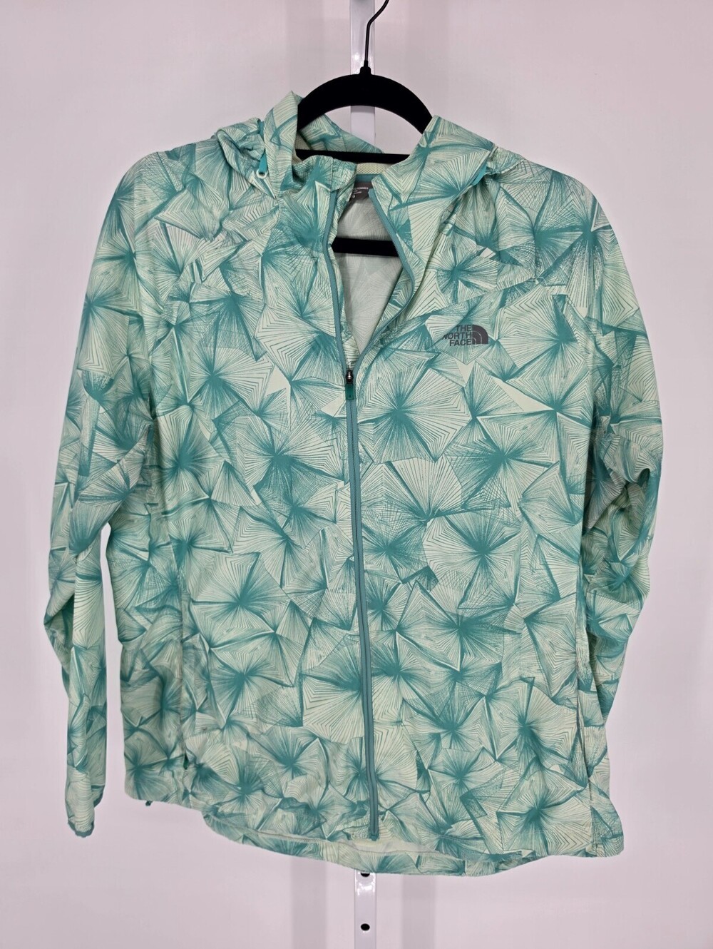 The North Face Womens Sz XL Zip Up Hooded Windbreaker Jacket Teal Blue White